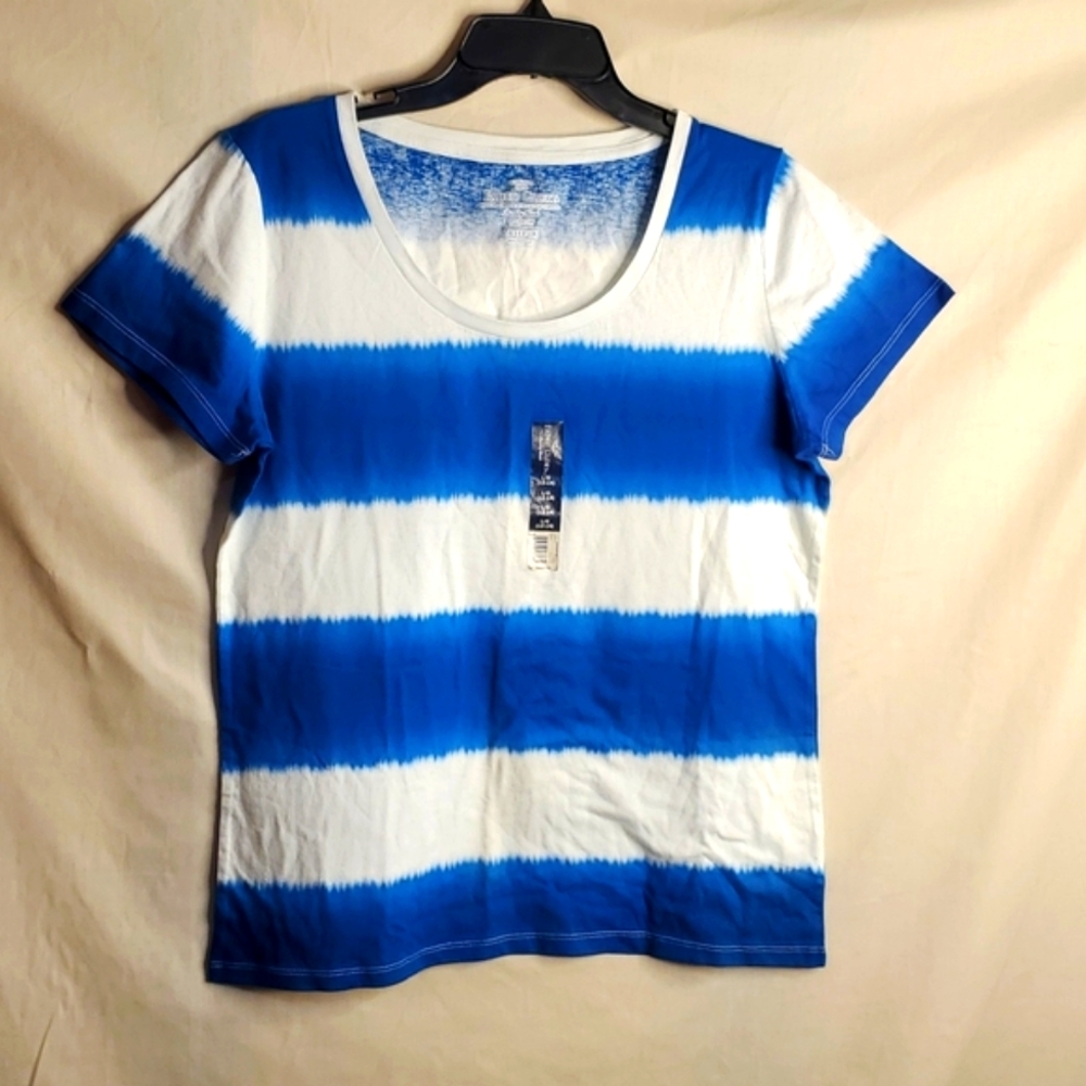Women Faded Glory tie dye T-Shirt, Size Large, Blue and White
